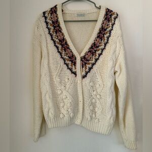 VTG HANDKNIT CARDIGAN Womens S Cable Knit V neck Ivory 80s 90s  Jamie Scott